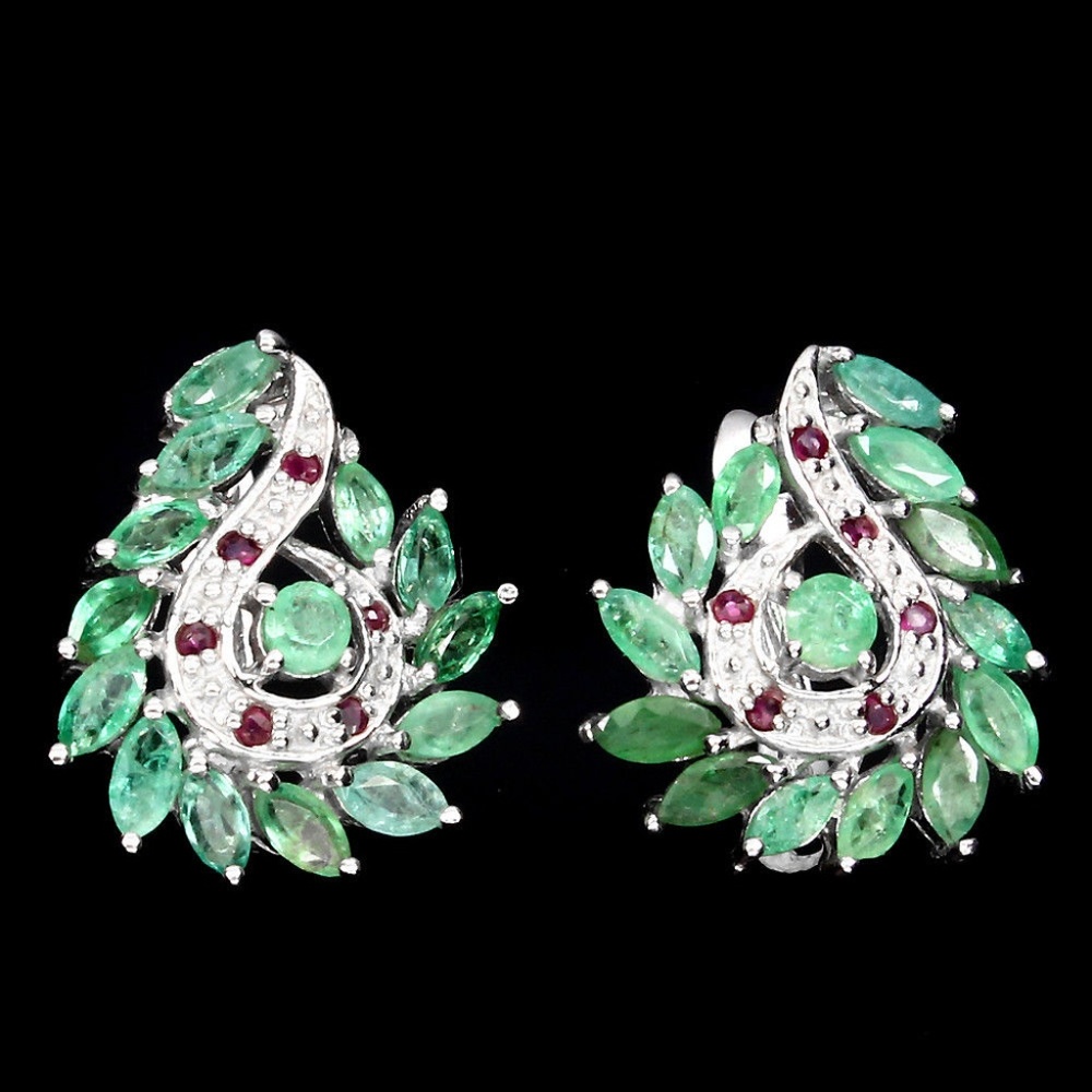 Rich Green Emerald and  Ruby 925 Silver Earrings real earth mined gems